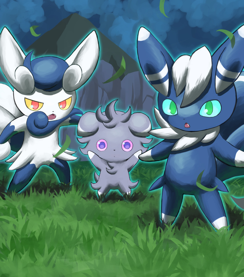 :o absurdres closed_mouth commentary_request espurr evolutionary_line falling_leaves fangs glowing grass highres jira_(ziraiya26) leaf meowstic meowstic_(female) meowstic_(male) mountain night no_humans open_mouth outdoors pokemon pokemon_(creature) sky standing