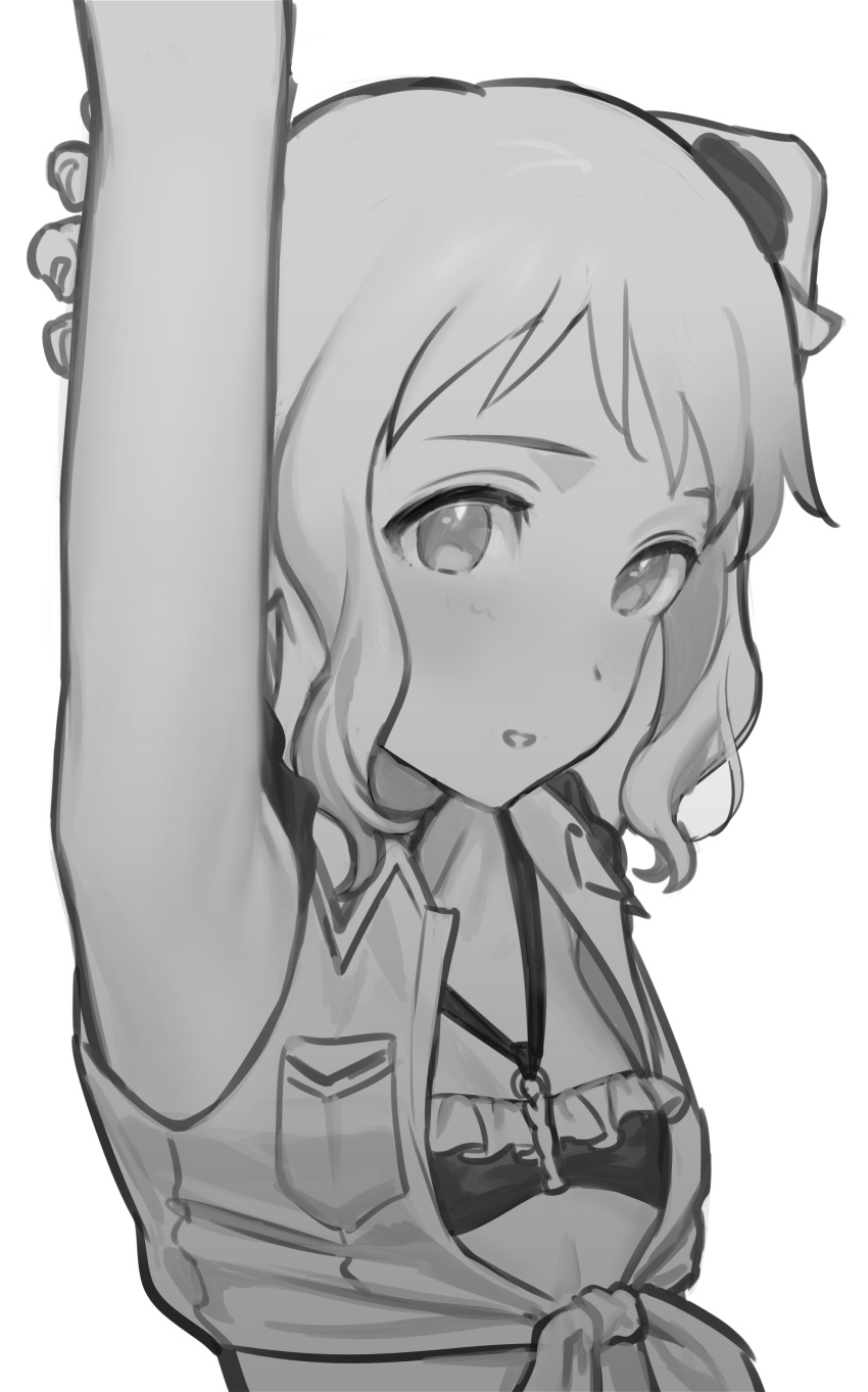 1girl absurdres armpits arms_up bikini commentary_request cropped_shirt flat_chest frilled_bikini frills greyscale highres idolmaster idolmaster_million_live! idolmaster_million_live!_theater_days looking_at_viewer makabe_mizuki mimizubare monochrome open_clothes open_shirt parted_lips shirt short_hair sidelocks sleeveless sleeveless_shirt solo swimsuit tied_shirt upper_body wavy_hair white_background