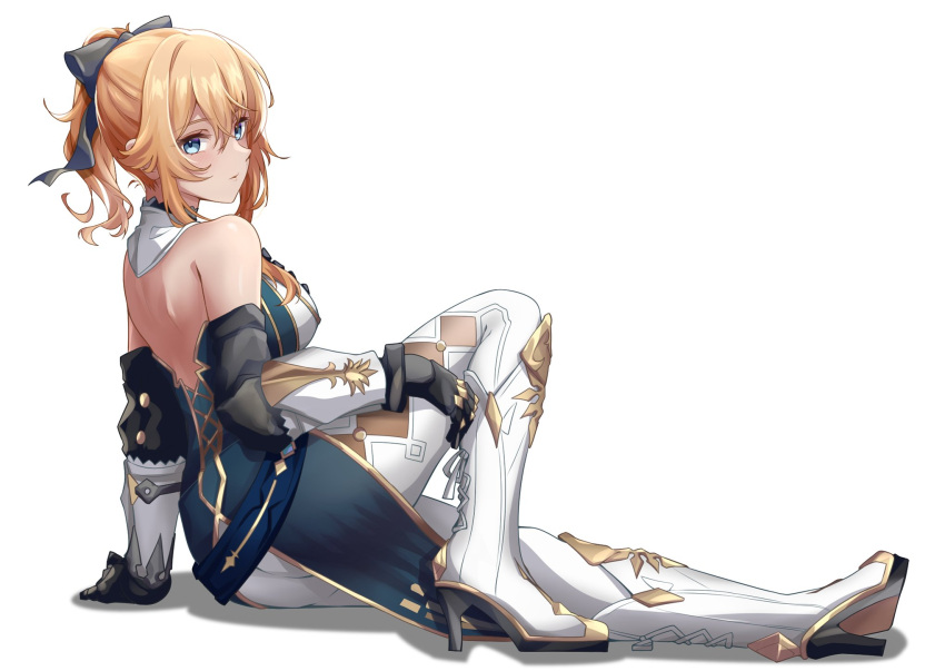 1girl arm_support arm_up bare_back bare_shoulders black_bow blonde_hair blue_eyes boots bow breasts closed_mouth detached_collar detached_sleeves expressionless full_body gauntlets genshin_impact highres jean_(genshin_impact) jean_(gunnhildr's_legacy)_(genshin_impact) leg_up looking_at_viewer medium_breasts metal_gloves mon-chan official_alternate_costume pants ponytail sidelocks simple_background sitting white_background white_footwear white_pants