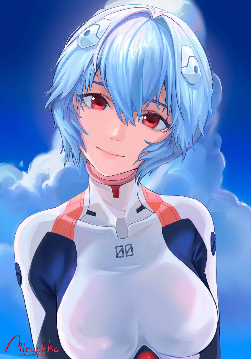 1girl absurdres ayanami_rei blue_hair blue_sky breasts clouds cloudy_sky day dress highres light_smile medium_breasts mirachka neon_genesis_evangelion outdoors red_eyes short_hair sky smile solo yellow_eyes