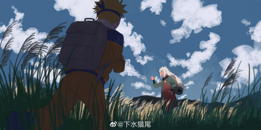 2boys ^_^ absurdres beckoning blonde_hair blue_sky closed_eyes clouds cloudy_sky forehead_protector from_behind highres jiraiya_(naruto) long_hair male_focus multiple_boys myyykco naruto_(series) running shirt short_hair sky smile spiky_hair uzumaki_naruto white_hair