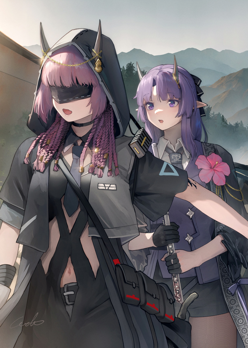 2girls :d absurdres arknights belt black_blindfold black_choker black_dress black_gloves black_jacket black_ribbon black_shorts blindfold blush braid chain choker clothing_cutout collared_shirt day dress facing_viewer flower flute gloves gold_chain hair_ribbon hands_up hibiscus hibiscus_(arknights) hibiscus_the_purifier_(arknights) highres holding holding_instrument hood hood_up hooded_jacket horns instrument jacket lava_(arknights) lava_the_purgatory_(arknights) long_hair looking_at_another multiple_girls navel_cutout necktie oripathy_lesion_(arknights) outdoors purple_hair rhodes_island_logo ribbon shirt short_shorts short_sleeves shorts siblings side_cutout sisters smile twins violet_eyes welt_(kinsei_koutenkyoku) white_shirt