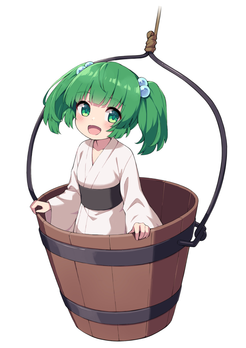 1girl absurdres blush bucket collarbone green_eyes green_hair hair_bobbles hair_ornament highres hiyaya_(kochi_michikaze) in_bucket in_container japanese_clothes kimono kisume long_sleeves obi open_mouth sash short_hair smile solo touhou transparent_background two_side_up white_kimono wide_sleeves