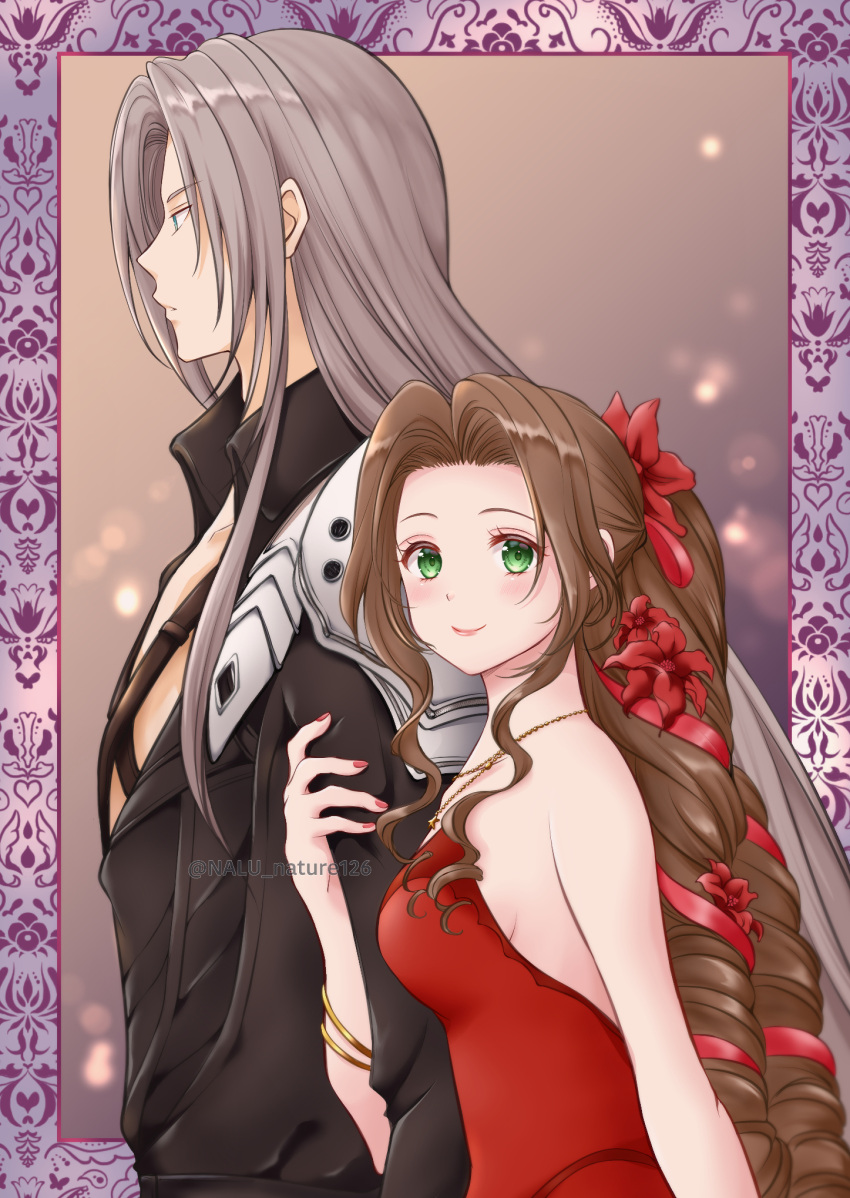 1boy 1girl aerith_gainsborough armor backless_dress backless_outfit bare_shoulders black_jacket blush breasts brown_hair chest_strap dress drill_hair final_fantasy final_fantasy_vii final_fantasy_vii_remake flamenco_dress flower gold_bracelet gold_necklace green_eyes grey_hair hair_flower hair_ornament hair_ribbon highres holding_another's_arm jacket jewelry long_bangs long_hair long_sleeves looking_at_viewer looking_away medium_breasts nail_polish nalu necklace official_alternate_costume parted_bangs ponytail red_dress red_flower red_nails red_ribbon ribbon ringlets sephiroth shoulder_armor sideboob sidelocks smile strapless strapless_dress twitter_username upper_body wavy_hair
