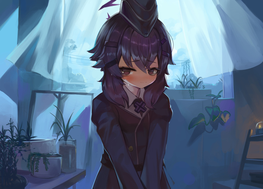 1girl @_@ absurdres black_headwear black_jacket blue_archive blush brown_eyes closed_mouth collared_shirt curtains dokomon garrison_cap hair_between_eyes hair_ornament hairclip halo haruka_(blue_archive) hat highres indoors jacket juliet_sleeves long_sleeves looking_at_viewer moonlight night plant potted_plant puffy_sleeves purple_hair shirt solo sweat transparent window