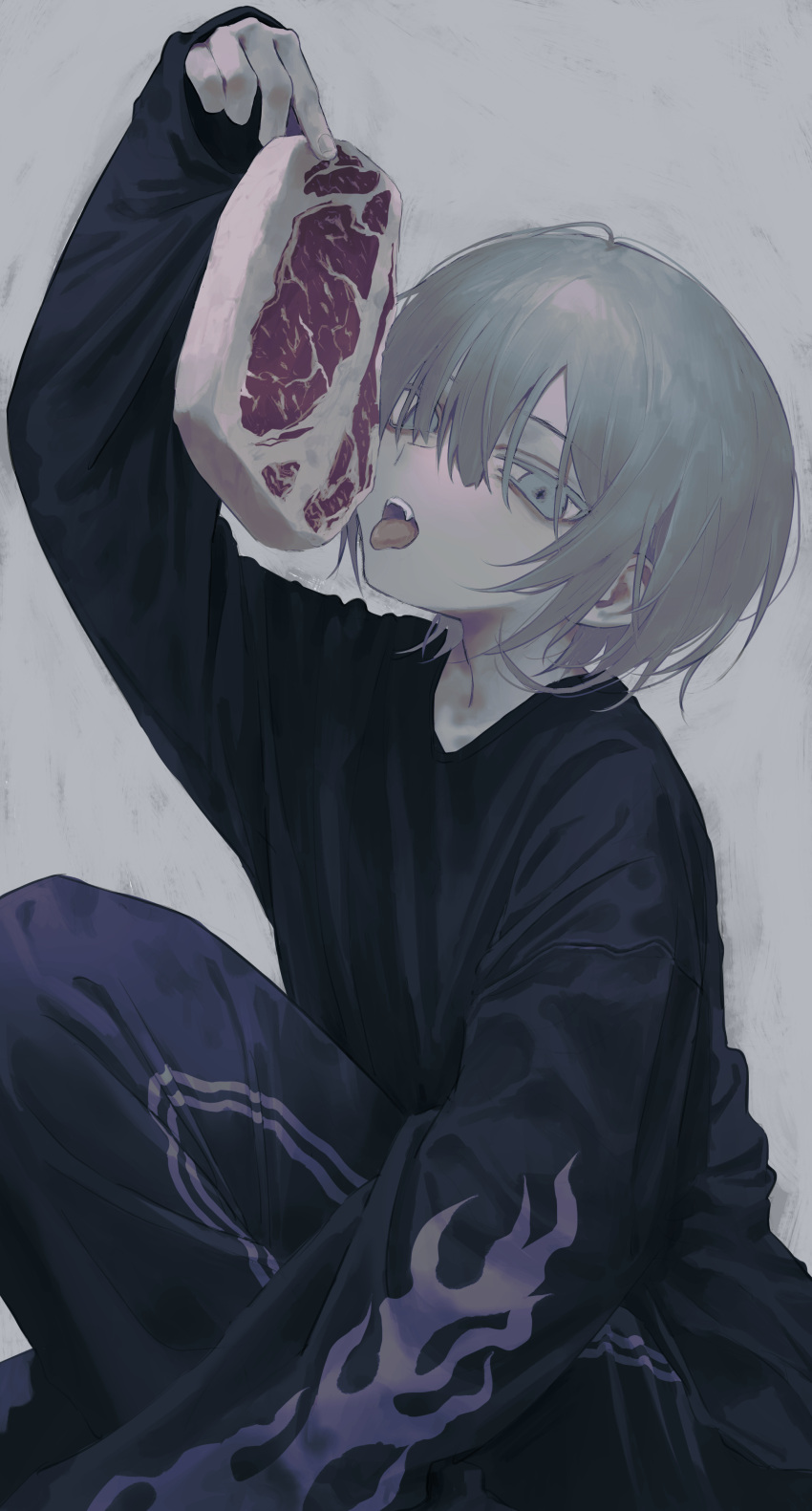 1boy absurdres arm_up black_pants black_shirt commentary double_vertical_stripe flame_print food grey_background grey_eyes grey_hair hair_over_one_eye highres holding holding_food knee_up long_bangs long_sleeves looking_at_viewer male_focus meat nia_(x_x02) open_mouth original pants print_shirt raw_meat shirt short_hair simple_background sitting sleeves_past_wrists solo steak tongue tongue_out track_pants