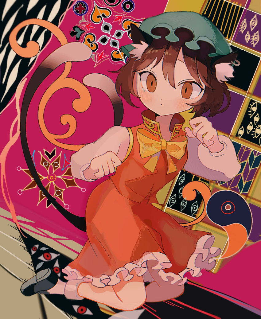 1girl abstract_background animal_ear_fluff animal_ears blush bow bowtie brown_eyes brown_hair cat_ears cat_tail chen chromatic_aberration comkdom dress earrings expressionless flat_chest full_body gap_(touhou) gold_trim hat highres jewelry kneeling mob_cap multiple_tails nekomata paw_pose red_dress short_hair solo tail touhou two_tails yellow_bow yellow_bowtie