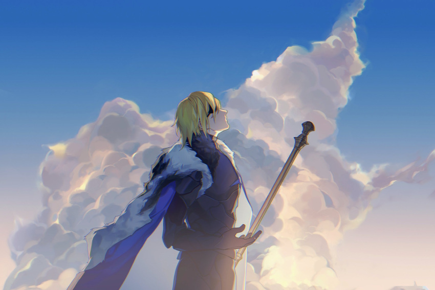 1boy armor black_armor black_gloves blonde_hair blue_cape cape clouds cloudy_sky cowboy_shot dimitri_alexandre_blaiddyd eyepatch facing_up fire_emblem fire_emblem:_three_houses fur-trimmed_cape fur_trim gloves hair_between_eyes highres kyounatsuuu looking_up male_focus outdoors plate_armor profile short_hair sky solo standing sunset white_fur