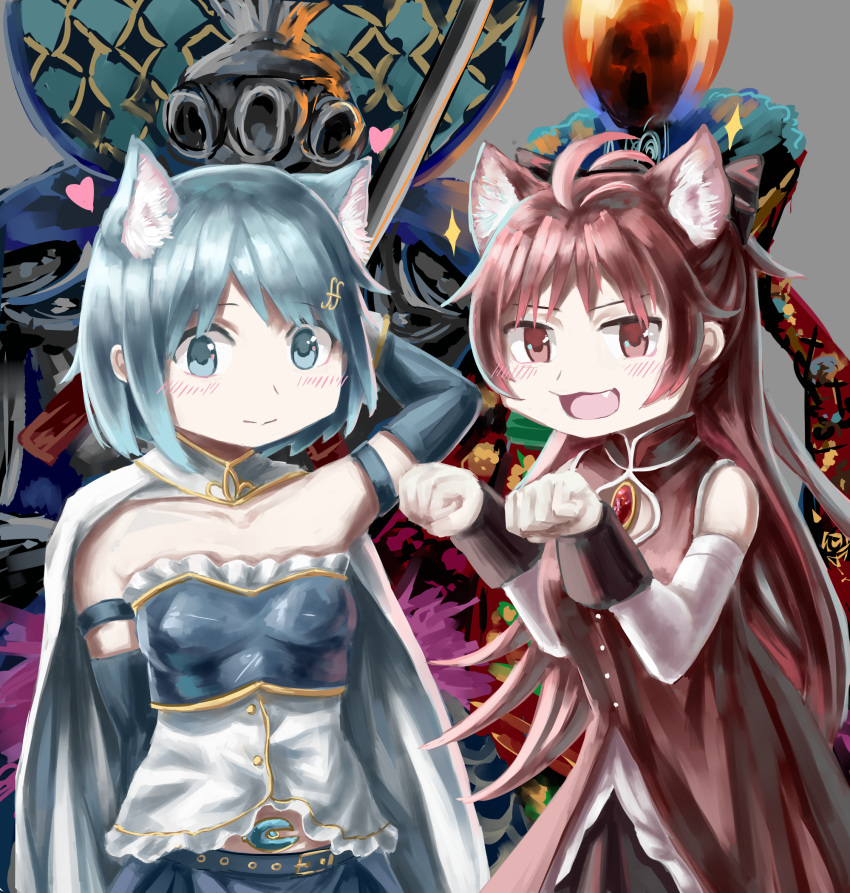 2girls :3 :d animal_ears antenna_hair arm_behind_head arm_up belt belt_buckle blue_belt blue_eyes blue_gemstone blue_hair blush breasts buckle cape cat_ears cat_girl closed_mouth collarbone diu9you english_commentary extra_ears fang gem grey_background hair_ornament heart highres kemonomimi_mode light_blue_hair long_hair looking_at_viewer magical_girl mahou_shoujo_madoka_magica miki_sayaka multiple_girls oktavia_von_seckendorff open_mouth ophelia_(madoka_magica) red_eyes red_gemstone redhead sakura_kyouko short_hair simple_background small_breasts smile soul_gem sparkle white_cape witch_(madoka_magica)