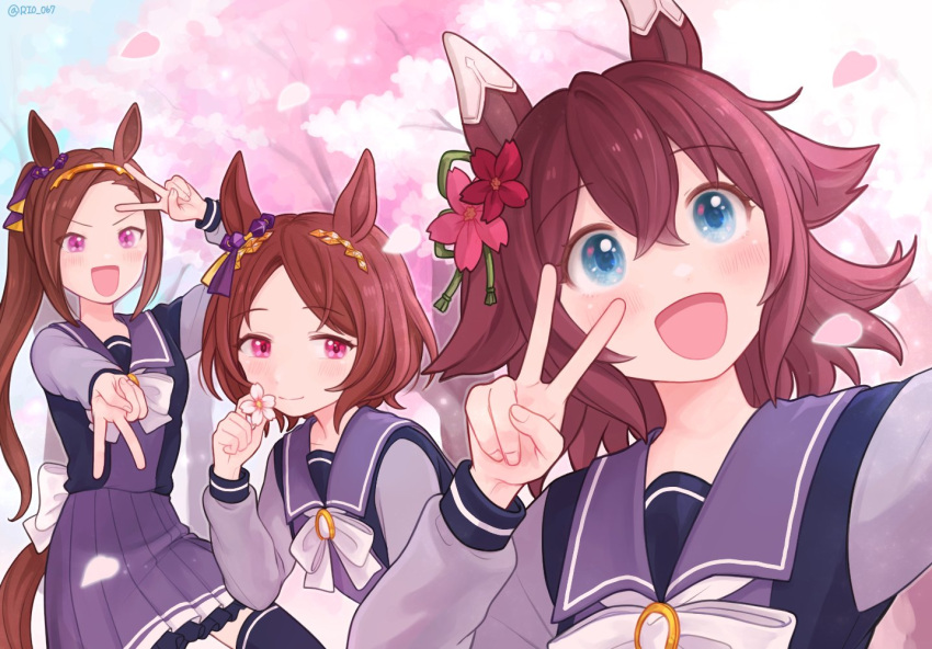3girls animal_ears arm_up blue_eyes blush bow bowtie brown_hair cherry_blossoms closed_mouth commentary double_v flower hair_between_eyes hair_flower hair_ornament hairband holding holding_flower horse_ears horse_girl horse_tail long_hair long_sleeves looking_at_viewer looking_up multiple_girls open_mouth outdoors outstretched_arm pink_eyes ponytail purple_shirt purple_skirt rio_(rio_067) sailor_collar sakura_bakushin_o_(umamusume) sakura_chiyono_o_(umamusume) sakura_laurel_(umamusume) selfie shirt short_hair skirt smile tail tree twitter_username umamusume v v-shaped_eyebrows vector_trace