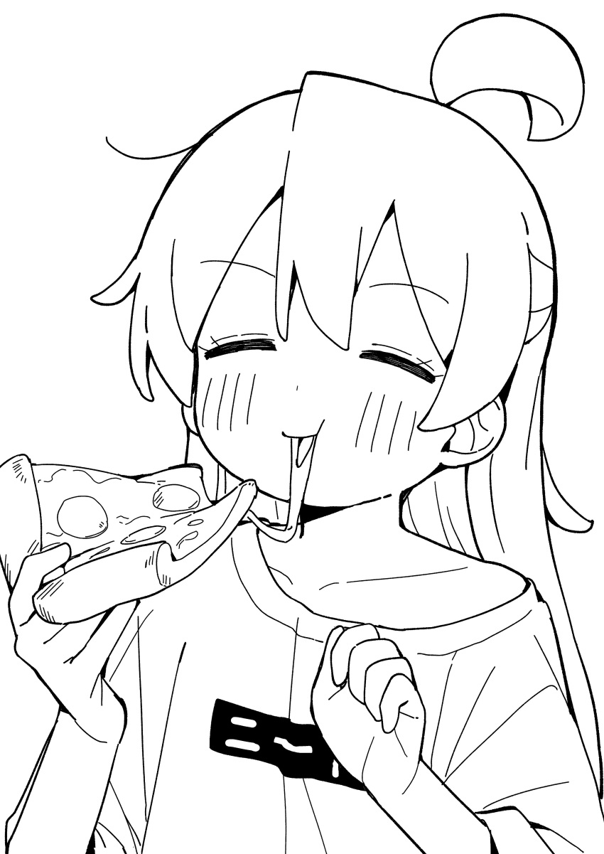 1girl :t absurdres ahoge blush cheese_trail closed_eyes closed_mouth collarbone commentary_request eating facing_viewer food greyscale hair_between_eyes hand_up highres holding holding_food long_hair monochrome off_shoulder onii-chan_wa_oshimai! oyama_mahiro pizza pizza_slice seramikku shirt short_sleeves solo upper_body