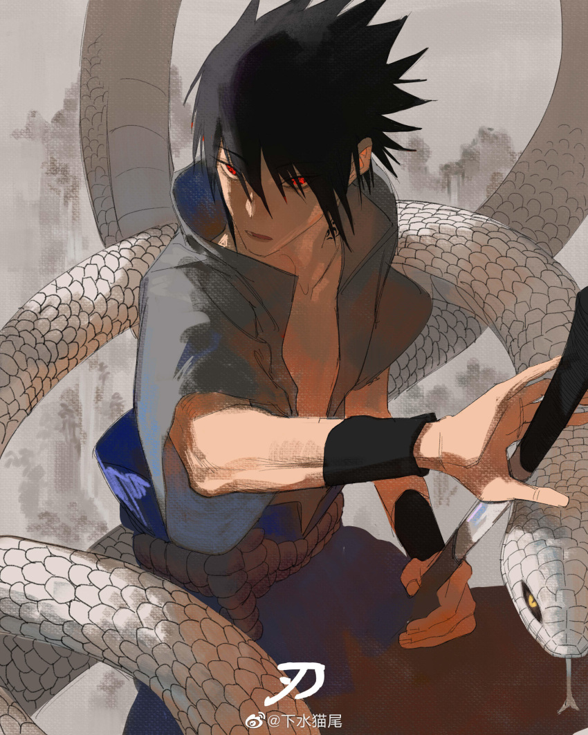 1boy absurdres black_hair collared_shirt feet_out_of_frame from_above hair_slicked_back highres looking_at_viewer male_focus myyykco naruto_(series) naruto_shippuuden open_clothes open_shirt serious sharingan sheath shirt short_hair snake solo uchiha_sasuke unsheathing white_snake
