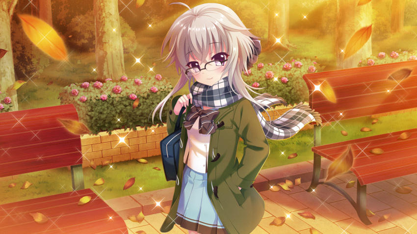 1girl ahoge autumn autumn_leaves bench black_bow blue_bag blue_scarf blue_skirt bow bowtie brick bush carrying_bag coat dot_nose evening film_grain flower game_cg glasses grass green_coat grey_hair hair_bow hand_in_pocket hedge ichijou_ruka izumi_tsubasu leaf lens_flare looking_at_viewer non-web_source official_art outdoors park_bench plaid plaid_scarf re:stage! scarf school_uniform semi-rimless_eyewear shirt short_hair skirt smile solo sparkle stone_walkway tree violet_eyes white_shirt