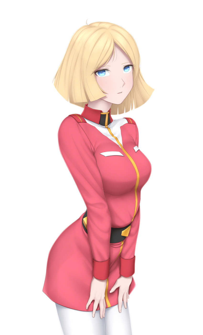 1girl blonde_hair blue_eyes breasts collarbone gundam highres kyounami lips looking_at_viewer military military_uniform mobile_suit_gundam sayla_mass short_hair simple_background solo uniform white_background