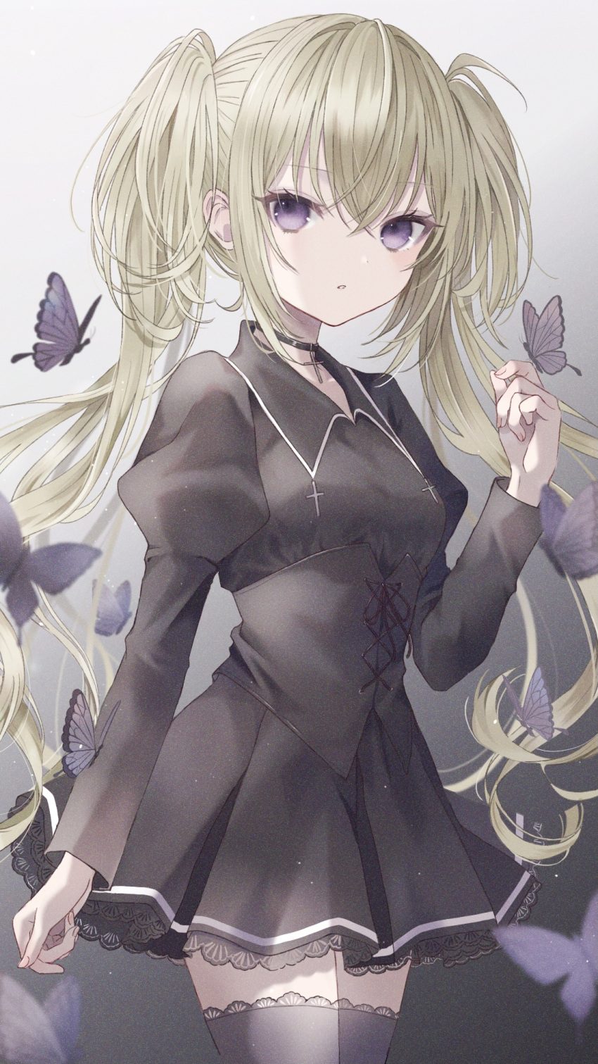 1girl black_choker black_dress black_thighhighs blush bug butterfly butterfly_on_hand choker corset cross cross_choker dress grey_background highres hoshina_utau long_hair long_sleeves looking_at_viewer multicolored_background open_mouth paruno purple_butterfly shugo_chara! thigh-highs twintails white_background