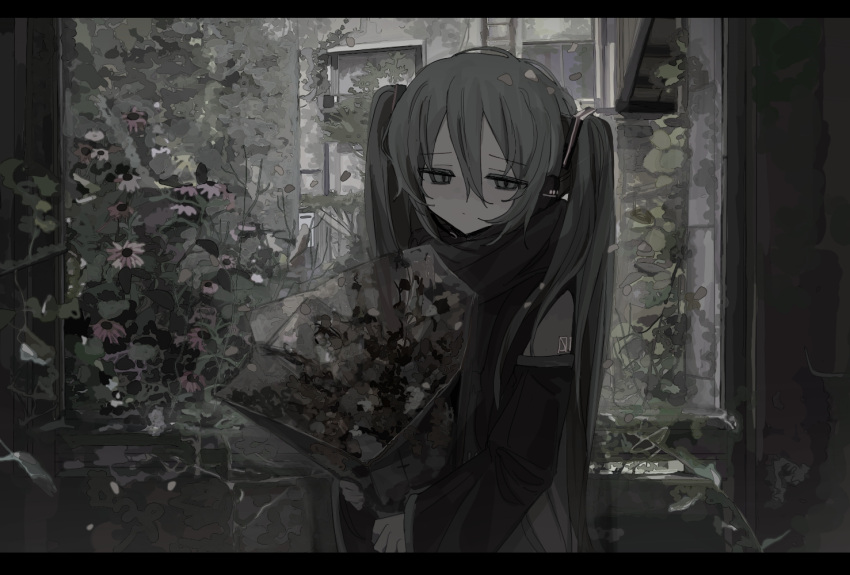 1girl abandoned aqua_eyes aqua_hair black_sleeves bouquet closed_mouth commentary detached_sleeves dot_mouth falling_petals foliage hair_between_eyes half-closed_eyes hatsune_miku headset hen10 holding holding_bouquet indoors long_bangs long_hair looking_at_viewer muted_color number_tattoo overgrown petals shoulder_tattoo sleeveless solo tattoo twintails upper_body vocaloid