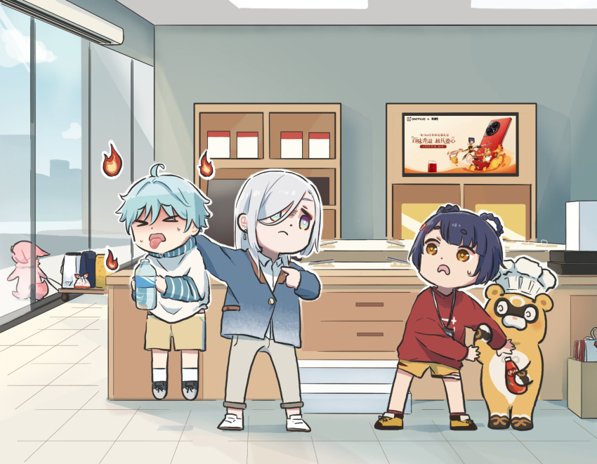 &gt;_&lt; 1boy 3girls ahoge blue_eyes blue_hair blue_jacket bottle chef_hat chongyun_(genshin_impact) commentary english_commentary fire fox genshin_impact glass_door grey_pants guoba_(genshin_impact) hat highres holding holding_bottle indoors jacket long_sleeves multiple_girls open_mouth pants pointing pointing_at_another red_shirt shenhe_(genshin_impact) shirt shorts standing tongue tongue_out walking_away water_bottle white_hair white_shirt xiangling_(genshin_impact) xinzoruo yae_miko yae_miko_(fox) yellow_eyes yellow_footwear yellow_shorts