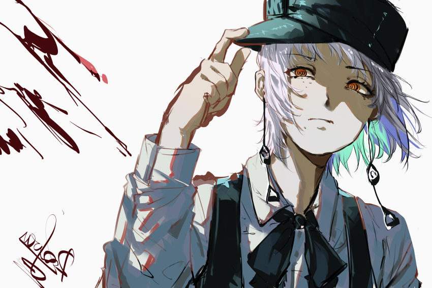 1girl adjusting_clothes adjusting_headwear black_headwear black_ribbon chainsaw_man closed_mouth collared_shirt dress earrings fami_(chainsaw_man) fourth_east_high_school_uniform hat head_tilt highres jewelry looking_to_the_side military_hat mole mole_under_eye mole_under_mouth multiple_moles neck_ribbon orange_eyes pinafore_dress ribbon ringed_eyes school_uniform shirt short_hair signature simple_background sleeveless sleeveless_dress solo tassel tassel_earrings user_rtvp7435 white_background white_hair white_shirt