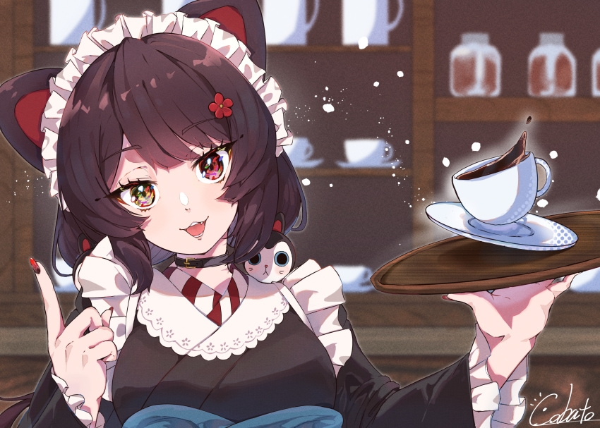 1girl absurdres animal_ears black_collar black_kimono breasts brown_hair cobato. coffee collar cup dog_ears dog_hair_ornament fang flower frilled_kimono frills hair_flower hair_ornament head_tilt heterochromia highres holding holding_tray inui_toko japanese_clothes kimono looking_at_viewer low_twintails medium_breasts nail_polish nijisanji plate pointing pointing_up red_flower red_nails smile solo teacup tray twintails virtual_youtuber
