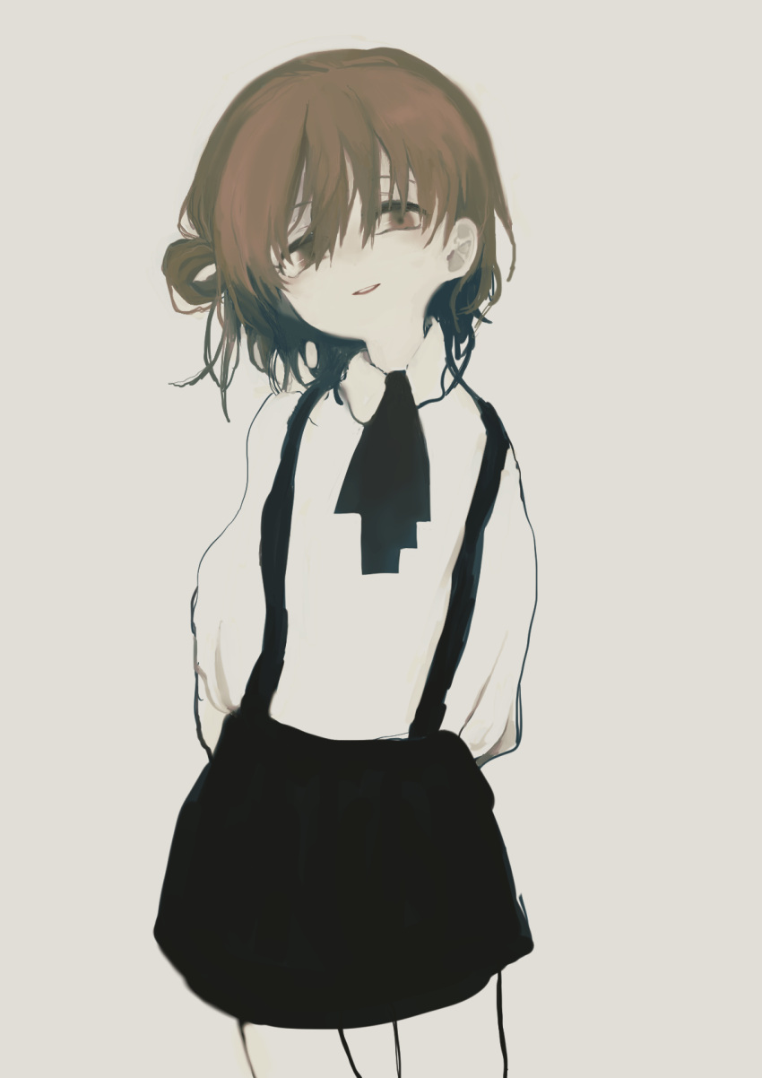 1girl arms_behind_back black_ribbon black_skirt brown_eyes brown_hair collared_shirt commentary_request contrapposto cowboy_shot half-closed_eyes hatoba_tsugu head_tilt highres light_blush light_smile limited_palette llll_nnmn long_sleeves looking_at_viewer messy_hair neck_ribbon no_headwear open_mouth pale_skin ribbon shirt single_hair_ring skirt solo suspender_skirt suspenders tsugu_(vtuber) virtual_youtuber white_shirt