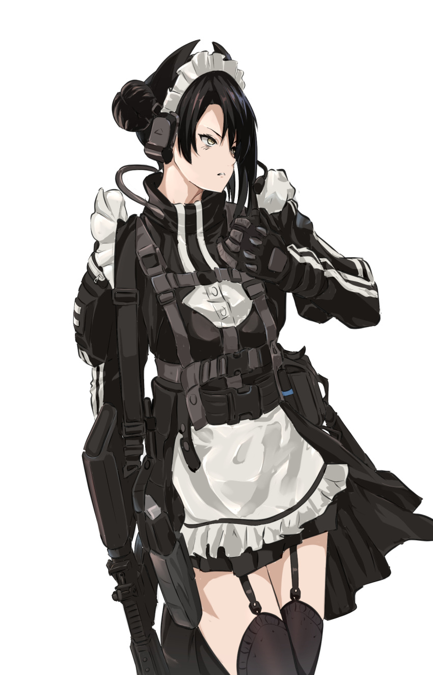 1girl agent_(girls'_frontline) alternate_costume apron assault_rifle black_thighhighs exoskeleton frilled_sleeves frills girls_frontline gloves gun highres holster maid maid_apron maid_headdress mutugorou_u rifle solo strap thigh-highs thigh_strap weapon