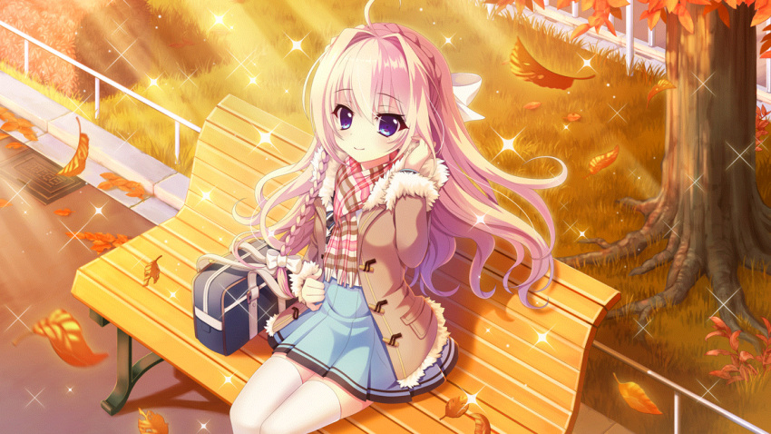 1girl ahoge autumn autumn_leaves bench blonde_hair blue_bag blue_eyes blue_skirt bow braid brown_coat coat dot_nose evening film_grain from_above fur_trim game_cg grass hair_bow hair_intakes hand_in_own_hair hedge izumi_tsubasu long_braid long_hair looking_at_viewer mole mole_under_eye non-web_source official_art on_bench outdoors park_bench plaid plaid_scarf railing re:stage! scarf school_uniform shiratori_amaha_(re:stage!) single_braid sitting skirt smile solo sparkle sunlight thigh-highs tree white_bow white_thighhighs wind zettai_ryouiki