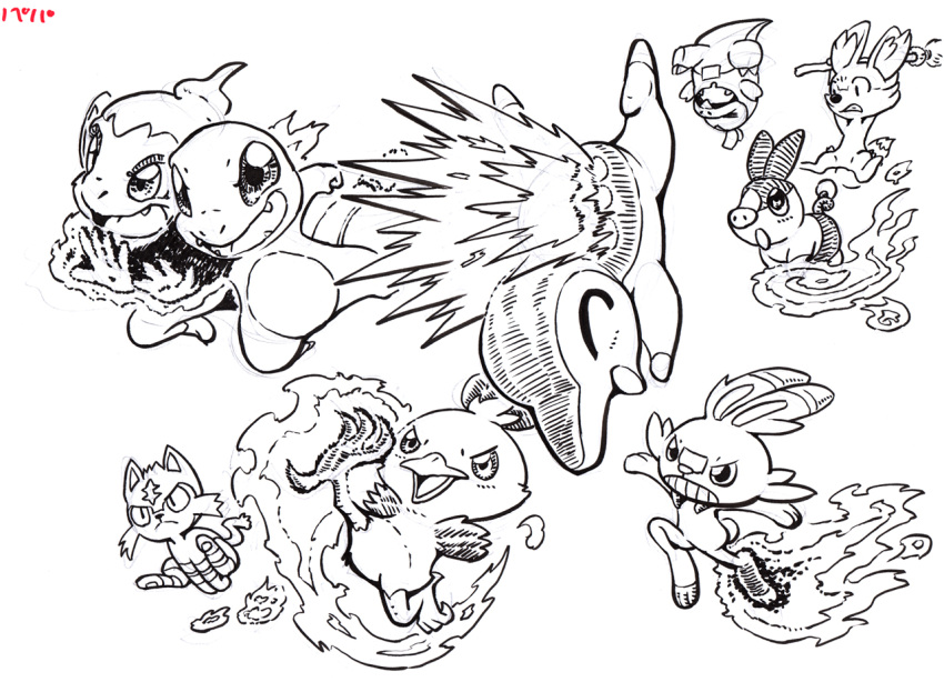 1other ^_^ animal_focus bird broom cat charmander chimchar clenched_teeth closed_eyes closed_mouth commentary fangs fennekin fire flaming_hand fox fuecoco full_body furry greyscale hanging jumping kicking litten monochrome open_mouth pig pokemon pokemon_(creature) running scorbunny simple_background sketch slit_pupils teeth tepig torchic trait_connection upside-down v-shaped_eyebrows white_background zen_migawa