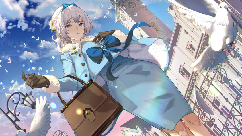 1girl alternate_costume an-94_(girls'_frontline) bag blue_bow blue_dress blue_eyes blue_jacket blue_sky bow brown_bag brown_gloves building clock clock_tower clouds cloudy_sky dawn dress flock flower girls_frontline gloves hair_bow hair_flower hair_ornament handbag highres jacket looking_at_viewer niac sky solo tower white_dove white_hair