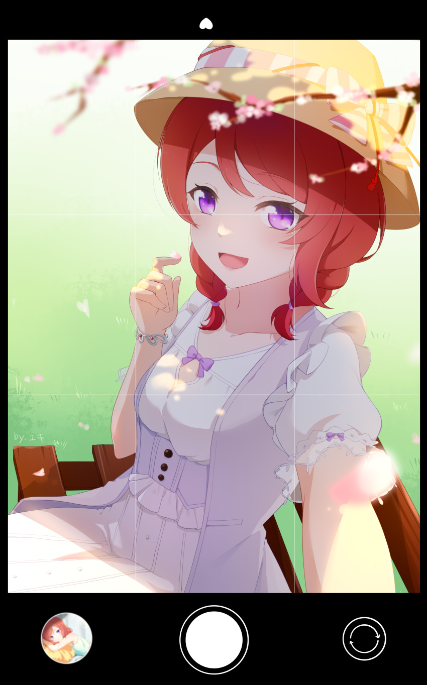 1girl absurdres bench bracelet braid cherry_blossoms commentary_request dress hand_up highres jewelry looking_at_viewer love_live! love_live!_school_idol_project medium_hair nishikino_maki open_mouth puffy_short_sleeves puffy_sleeves redhead selfie short_sleeves sitting smile solo twin_braids violet_eyes white_dress yuki_(rfi5607)