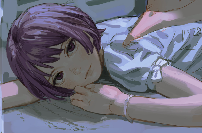 1girl :| arm_up bed_sheet bob_cut bracelet chinese_commentary closed_mouth commentary expressionless hand_on_another's_shoulder hand_on_own_face highres jewelry looking_at_viewer lying monogatari_(series) on_bed on_stomach pajamas pov pov_hands purple_hair senjougahara_hitagi shaded_face short_hair short_sleeves solipsist solo_focus upper_body violet_eyes white_pajamas