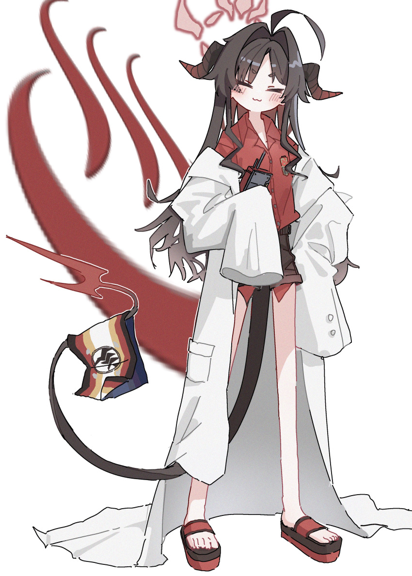 1girl :3 absurdres ahoge black_hair black_shorts blue_archive blush coat coat_partially_removed collared_shirt demon_girl demon_horns demon_tail dress_shirt fertilizerrrr film_grain full_body hair_intakes halo highres horns kasumi_(blue_archive) lab_coat long_hair oversized_clothes platform_footwear red_halo red_shirt shirt shorts sleeves_past_fingers sleeves_past_wrists solo tail toes walkie-talkie white_coat