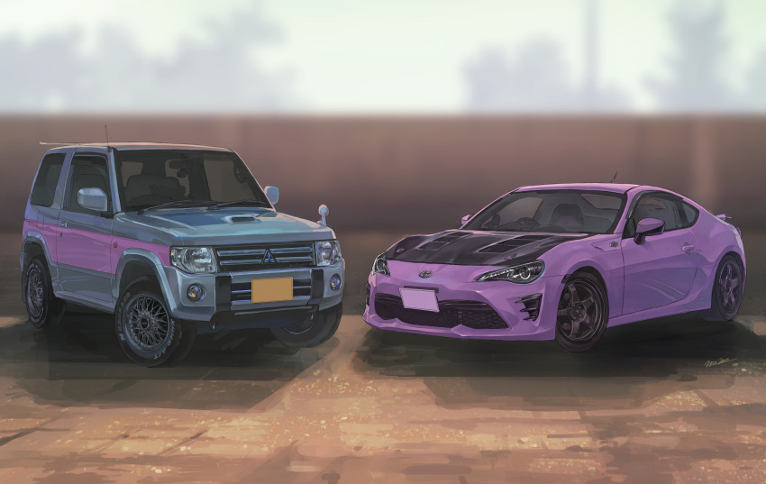 blurry blurry_background car commentary_request highres license_plate mitsubishi_motors mitsubishi_pajero momo_hiki motor_vehicle no_humans original outdoors scenery sports_car sports_utility_vehicle toyota vehicle_focus vehicle_request