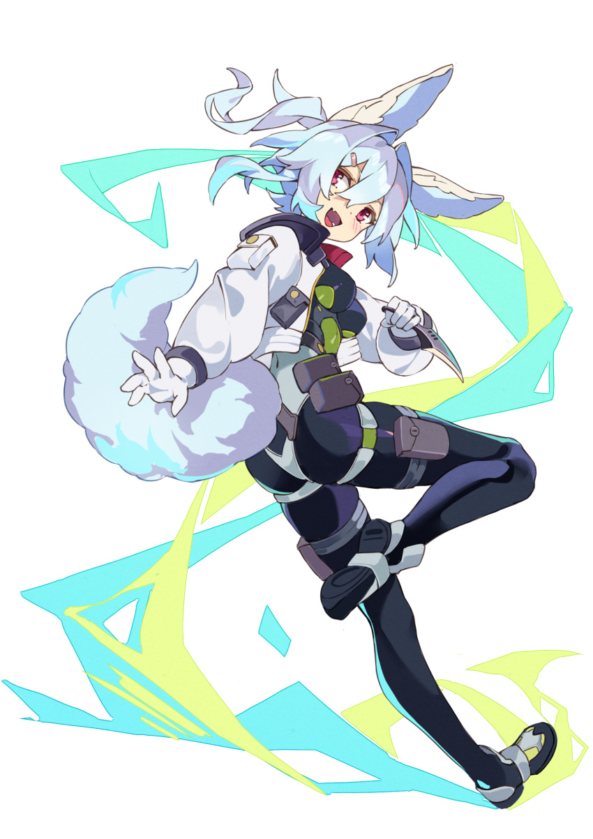 1girl :d animal_ears arm_pouch black_bodysuit black_footwear blue_hair blush bodysuit breasts collared_jacket commentary_request cropped_jacket fang fluffy_(world_flipper) fox_ears fox_girl fox_tail from_behind gloves hair_between_eyes hair_ornament hairclip harness high_collar highres jacket karambit kirschma knee_up light_trail long_sleeves looking_at_viewer looking_back multicolored_footwear open_mouth pouch red_eyes shoes short_hair sidelocks simple_background small_breasts smile solo tachi-e tail thigh_pouch white_background white_gloves white_jacket world_flipper