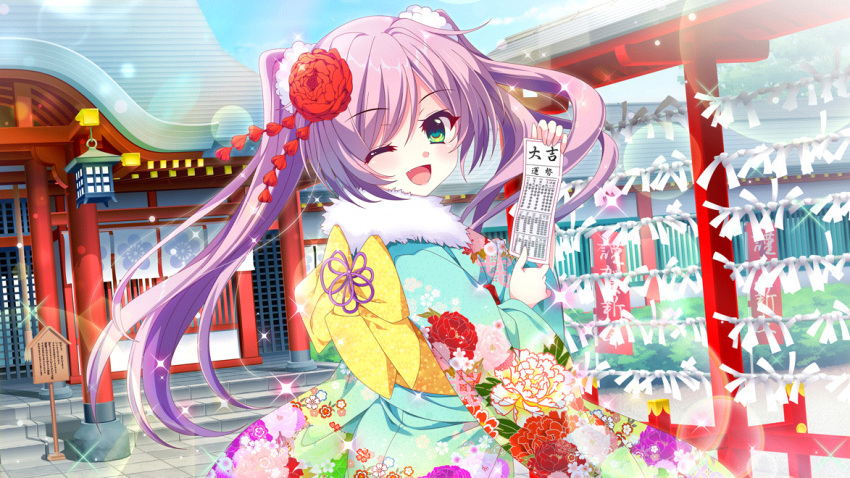 1girl architecture banner blue_kimono bow day dot_nose east_asian_architecture fang film_grain floral_print flower furisode game_cg green_eyes hair_bow hair_flower hair_ornament hanging_lantern holding izumi_tsubasu japanese_clothes kimono lantern lens_flare long_hair looking_at_viewer looking_back misaki_sango non-web_source official_art omikuji one_eye_closed open_mouth outdoors pillar purple_hair re:stage! red_flower sash sign smile snow sparkle stairs twintails white_flower winter yellow_bow yellow_sash