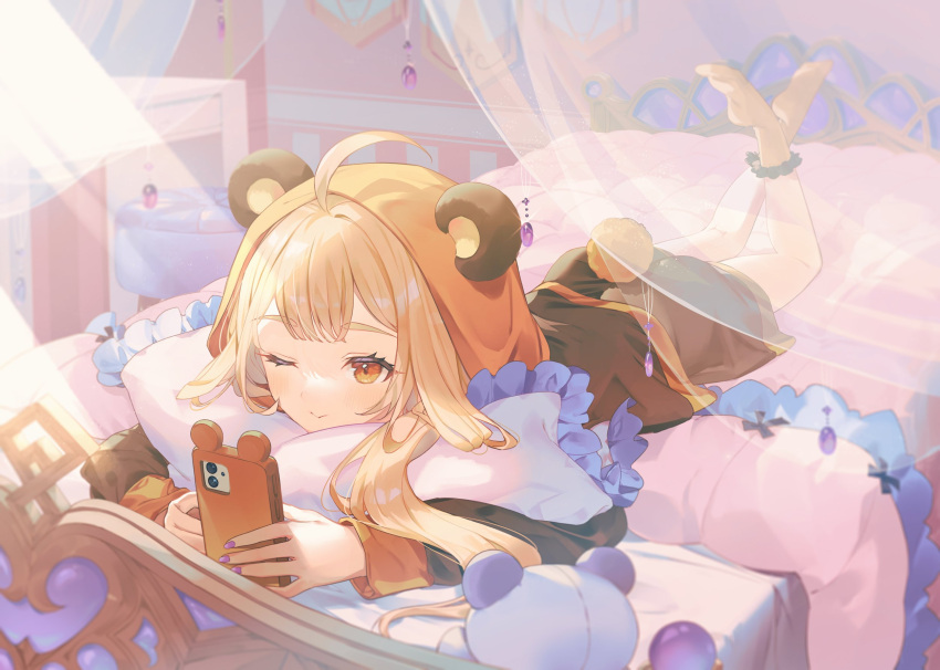 1girl ahoge alternate_costume animal_hood anklet bear_hood bed_sheet bedroom brown_shorts brown_sleeves cellphone cona_kinaco english_commentary feet_up highres holding holding_phone honkai_(series) honkai_impact_3rd hood indoors jewelry long_hair long_sleeves looking_at_phone nail_polish on_bed one_eye_closed orange_eyes orange_hair phone pillow purple_nails second-party_source shorts smartphone smile solo susannah_(honkai_impact)