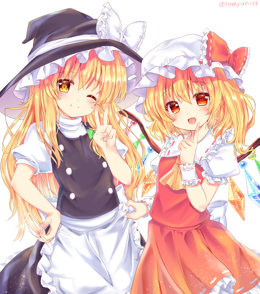 2girls :d ;) ascot blonde_hair blush clothes_grab cowboy_shot fang flandre_scarlet flat_chest frilled_shirt_collar frills hand_on_own_hip hand_up hat highres index_finger_raised kirisame_marisa long_hair looking_at_viewer medium_hair mob_cap multiple_girls one_eye_closed one_side_up puffy_short_sleeves puffy_sleeves ramudia_(lamyun) red_eyes red_skirt red_vest short_sleeves simple_background skin_fang skirt skirt_set smile touhou turtleneck v very_long_hair vest white_background witch_hat yellow_ascot yellow_eyes