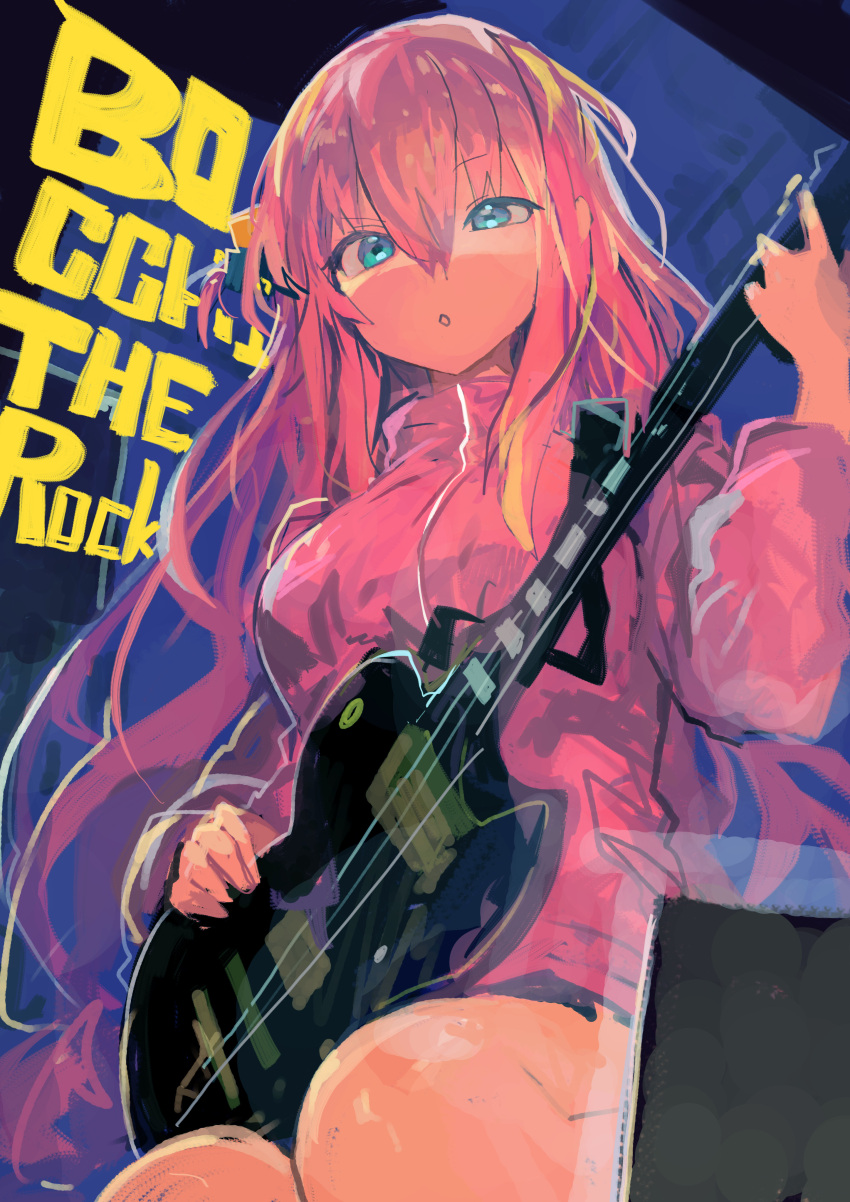 1girl absurdres blue_eyes bocchi_the_rock! copyright_name cube_hair_ornament electric_guitar feet_out_of_frame gotou_hitori guitar hair_between_eyes hair_ornament highres holding holding_instrument instrument jacket kaamin_(mariarose753) long_hair long_sleeves music parted_lips pink_hair pink_jacket playing_instrument sidelocks solo track_jacket