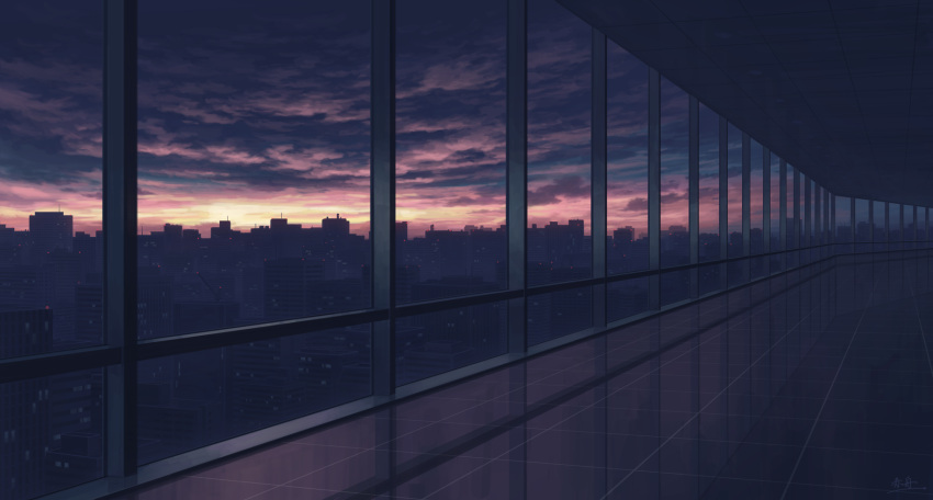akafune building ceiling city cityscape clouds cloudy_sky commentary_request evening highres indoors no_humans original reflective_floor scenery signature sky skyline sunset tile_ceiling tile_floor tiles window