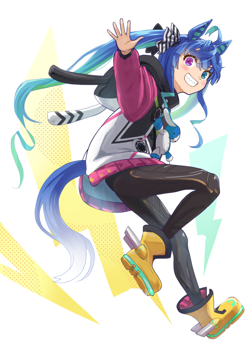 1girl ahoge animal_ears animal_hood ankle_boots aqua_hair black_bodysuit black_ribbon blue_eyes blue_hair bodysuit boots commentary floating from_side grin hair_ribbon haniwa_(leaf_garden) heterochromia highres hood hood_down hooded_coat horse_ears horse_girl horse_tail leg_up lightning_bolt_symbol long_hair long_sleeves looking_at_viewer messy_hair multicolored_coat multicolored_hair open_mouth outstretched_arms rabbit_hood ribbon sharp_teeth sidelocks smile solo spread_arms stuffed_animal stuffed_rabbit stuffed_toy tail teeth twin_turbo_(umamusume) twintails two-tone_hair umamusume very_long_hair violet_eyes yellow_footwear