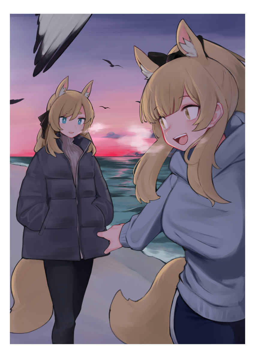 2girls absurdres alternate_costume animal_ear_fluff animal_ears arknights aunt_and_niece beach bird black_jacket black_pants black_ribbon blemishine_(arknights) blonde_hair blue_eyes blunt_bangs border breasts coat commentary_request gradient_sky grey_hoodie grey_sweater hair_ribbon hands_in_pocket highres hood hoodie horse_ears horse_girl horse_tail jacket long_hair looking_back medium_breasts multiple_girls ocean open_mouth outdoors pants red_sky ribbed_sweater ribbon signal_1120 sky smile sunset sweater tail teeth upper_teeth_only visible_air whislash_(arknights) winter_clothes winter_coat yellow_eyes