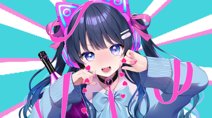 1girl animal_ear_headphones animal_ears black_hair blue_bow blue_eyes blue_hair blue_sweater bow cat_ear_headphones commentary_request copyright_request fake_animal_ears fangs gradient_hair hair_ornament hairclip hands_up headphones heart highres long_hair long_sleeves looking_at_viewer momoshiki_tsubaki multicolored_hair nail_polish official_art open_mouth pink_nails pink_ribbon puffy_long_sleeves puffy_sleeves ribbon sleeves_past_wrists solo sweater teardrop two_side_up upper_body