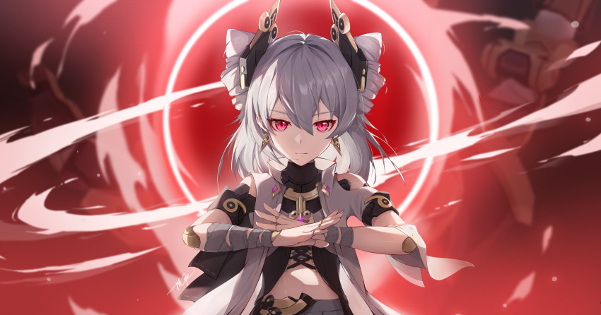 1girl absurdres black_headwear breasts chinese_commentary closed_mouth drill_hair earrings grey_hair hair_between_eyes highres honkai_(series) honkai_impact_3rd jewelry looking_at_viewer medium_hair ooo_wange open_hands prometheus_(honkai_impact) red_background red_eyes small_breasts solo upper_body v-shaped_eyebrows