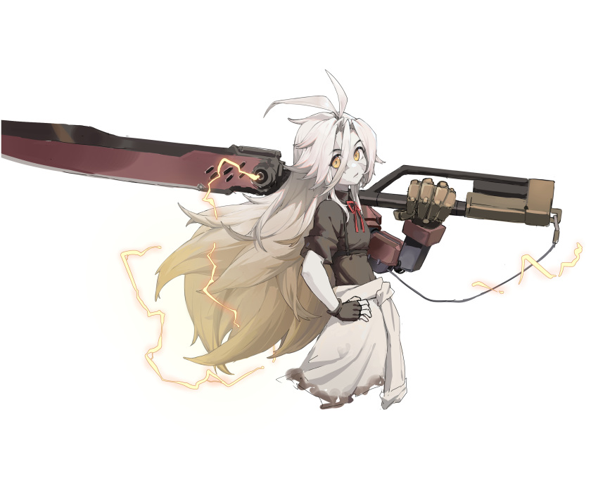 1girl alchemy_stars antenna_hair black_gloves black_shirt breasts carrying_over_shoulder closed_mouth clothes_around_waist collared_shirt colored_skin electricity fingerless_gloves gloves gradient_hair grey_hair grey_skin hair_between_eyes highres holding holding_sword holding_weapon huge_weapon kunkun_pa long_hair looking_at_viewer multicolored_hair neck_ribbon prosthesis prosthetic_arm revy_(alchemy_stars) ribbon shirt simple_background sleeves_rolled_up small_breasts solo sword weapon white_background yellow_eyes