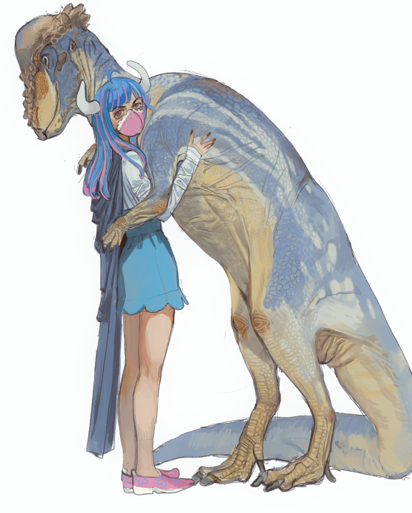 1girl ahoge blue_cape blue_hair blue_skirt cape covered_mouth curled_horns dinosaur dinosaur_girl high-waist_skirt highres horns hug long_hair long_sleeves looking_at_viewer mask mossacannibalis mouth_mask multicolored_hair one_piece pachycephalosaurus pink_footwear pink_hair pink_mask shirt simple_background skirt ulti_(one_piece) violet_eyes white_background white_shirt