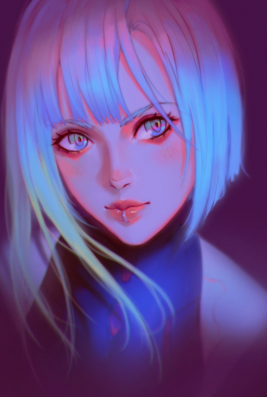 1girl anihelate blonde_hair blue_eyes blue_hair blurry bob_cut chromatic_aberration commentary cyberpunk_(series) cyberpunk_edgerunners highres lip_ring lucy_(cyberpunk) multicolored_hair portrait red_eyeliner sleeveless solo streaked_hair symbol-only_commentary two-tone_hair