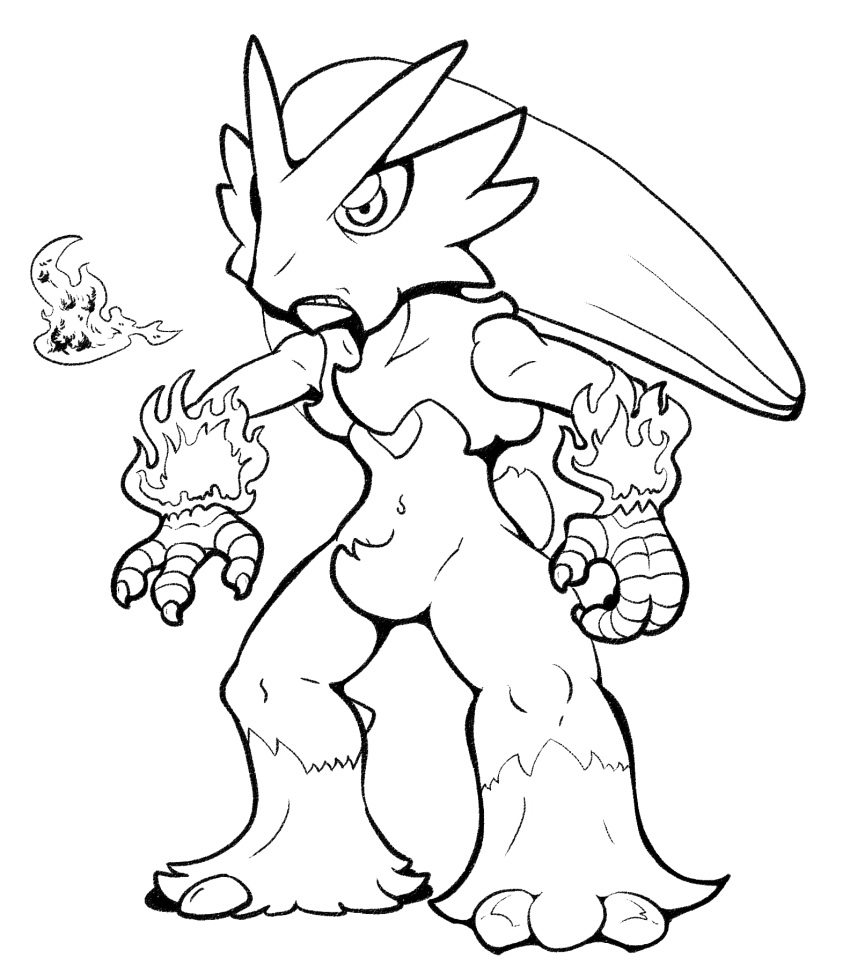 1other animal_feet animal_hands bird_tail blaziken body_fur breathing_fire claws clenched_teeth commentary fire full_body greyscale highres legs lineart long_hair monochrome other_focus pokemon pokemon_(creature) simple_background solo standing tail teeth white_background zen_migawa