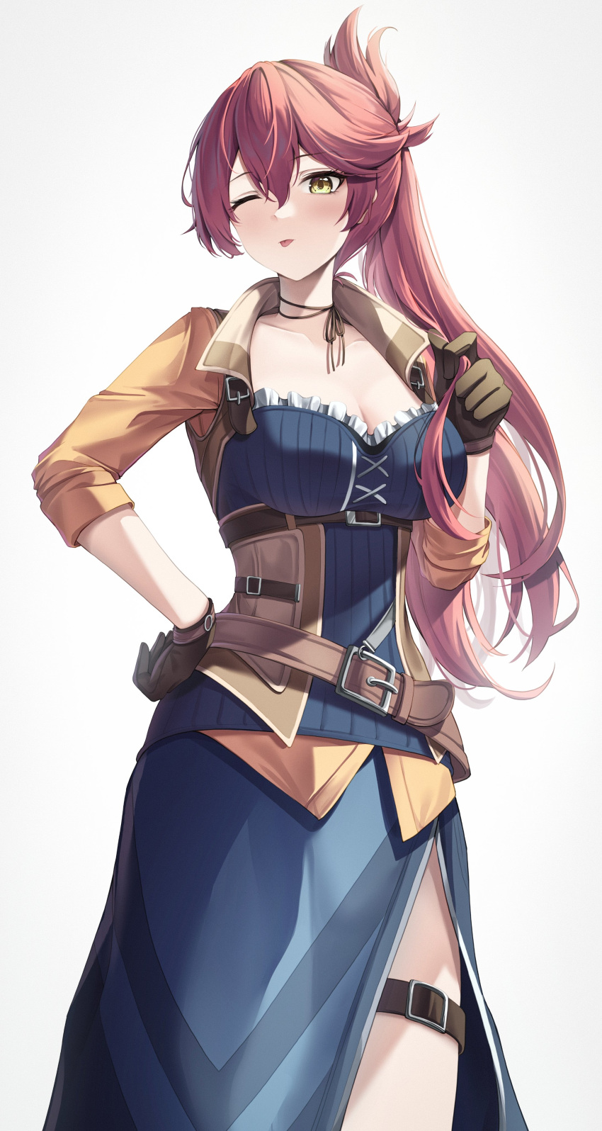 1girl absurdres belt breasts cleavage_cutout clothing_cutout dress eiyuu_densetsu gloves highres lancheu large_breasts one_eye_closed pink_hair ponytail sara_valestein sen_no_kiseki simple_background sleeves_rolled_up smile solo white_background yellow_eyes