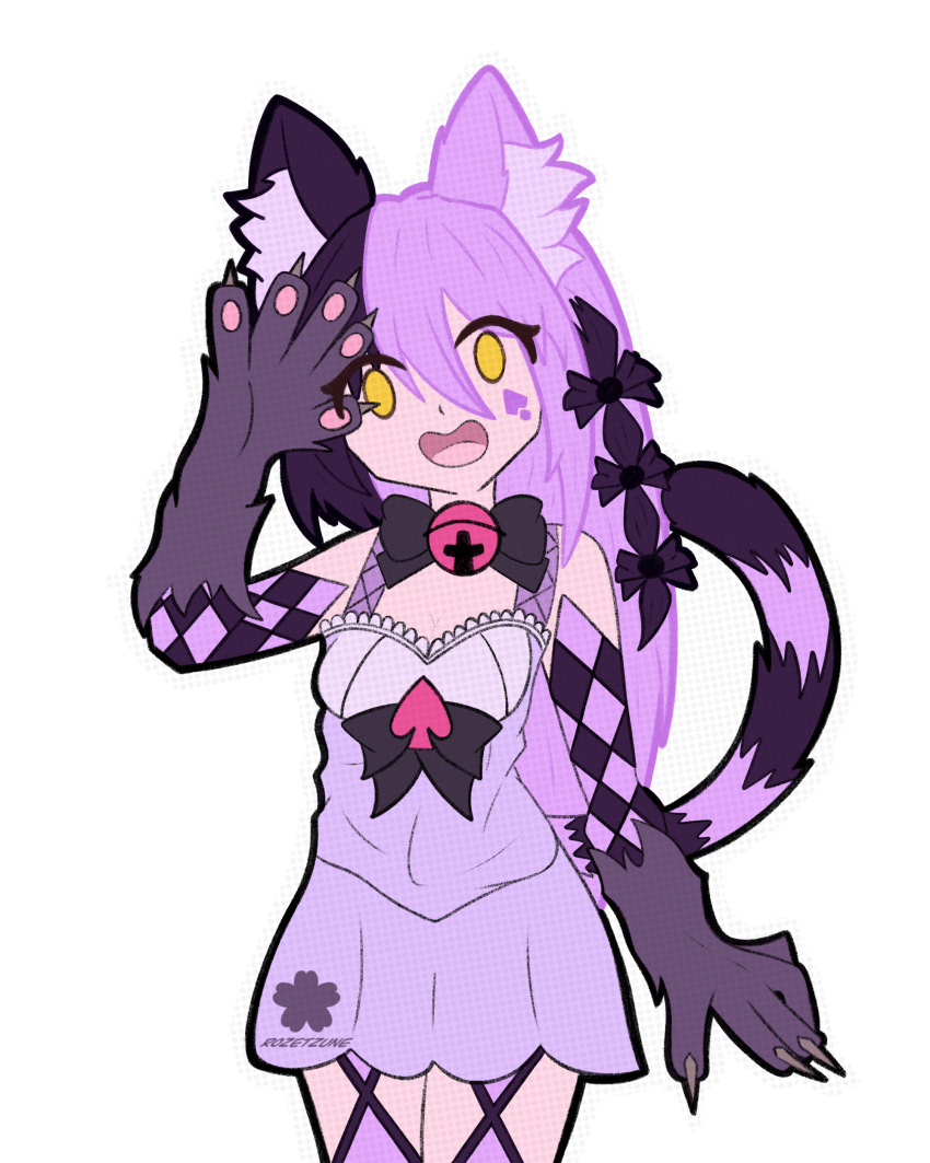 1girl absurdres animal_ear_fluff animal_ears animal_hands black_hair cat_ears cat_girl cat_paws cat_tail cheshire_cat_(monster_girl_encyclopedia) claws highres long_hair monster_girl monster_girl_encyclopedia multicolored_hair non-web_source purple_fur rozetzune sticker striped_tail tail