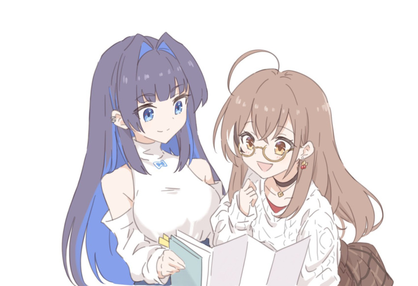 2girls :d ahoge berry black_choker blue_eyes blue_hair blunt_bangs brown_eyes brown_hair brown_skirt choker colored_inner_hair crossed_bangs denim detached_sleeves earrings food-themed_earrings glasses hair_intakes high-waist_pants hime_cut holding holding_map hololive hololive_english jeans jewelry long_hair map multicolored_hair multiple_girls nanashi_mumei necklace o_kudake official_alternate_costume ouro_kronii pants plaid plaid_skirt red_shirt round_eyewear runes shirt sidelocks skirt sleeves_past_wrists smile streaked_hair sweater turtleneck very_long_hair virtual_youtuber white_shirt white_sweater