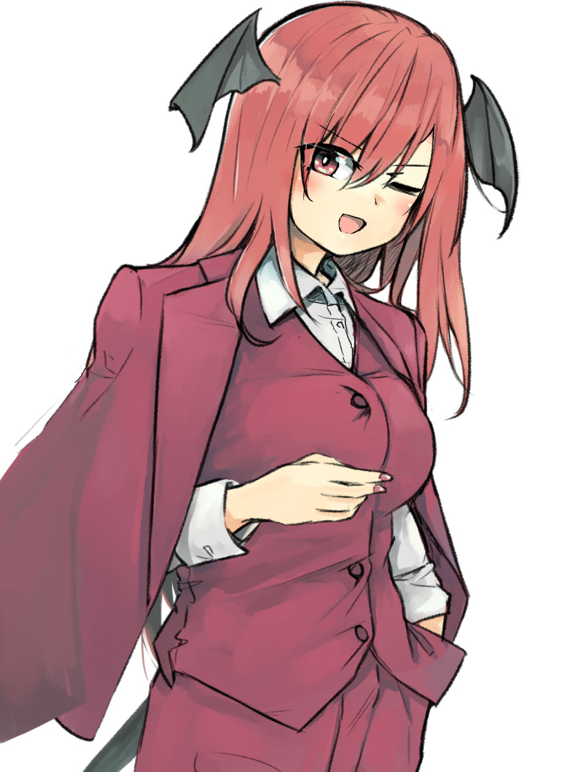 1girl ;d alternate_costume blush breasts buttons eyes_visible_through_hair ginnkei hair_between_eyes hand_in_pocket head_wings highres jacket koakuma large_breasts long_hair looking_at_viewer nail_polish one_eye_closed pants pink_eyes red_jacket red_nails red_pants red_vest redhead shirt simple_background smile solo suit_jacket touhou v-shaped_eyebrows vest white_background white_shirt wing_collar wings